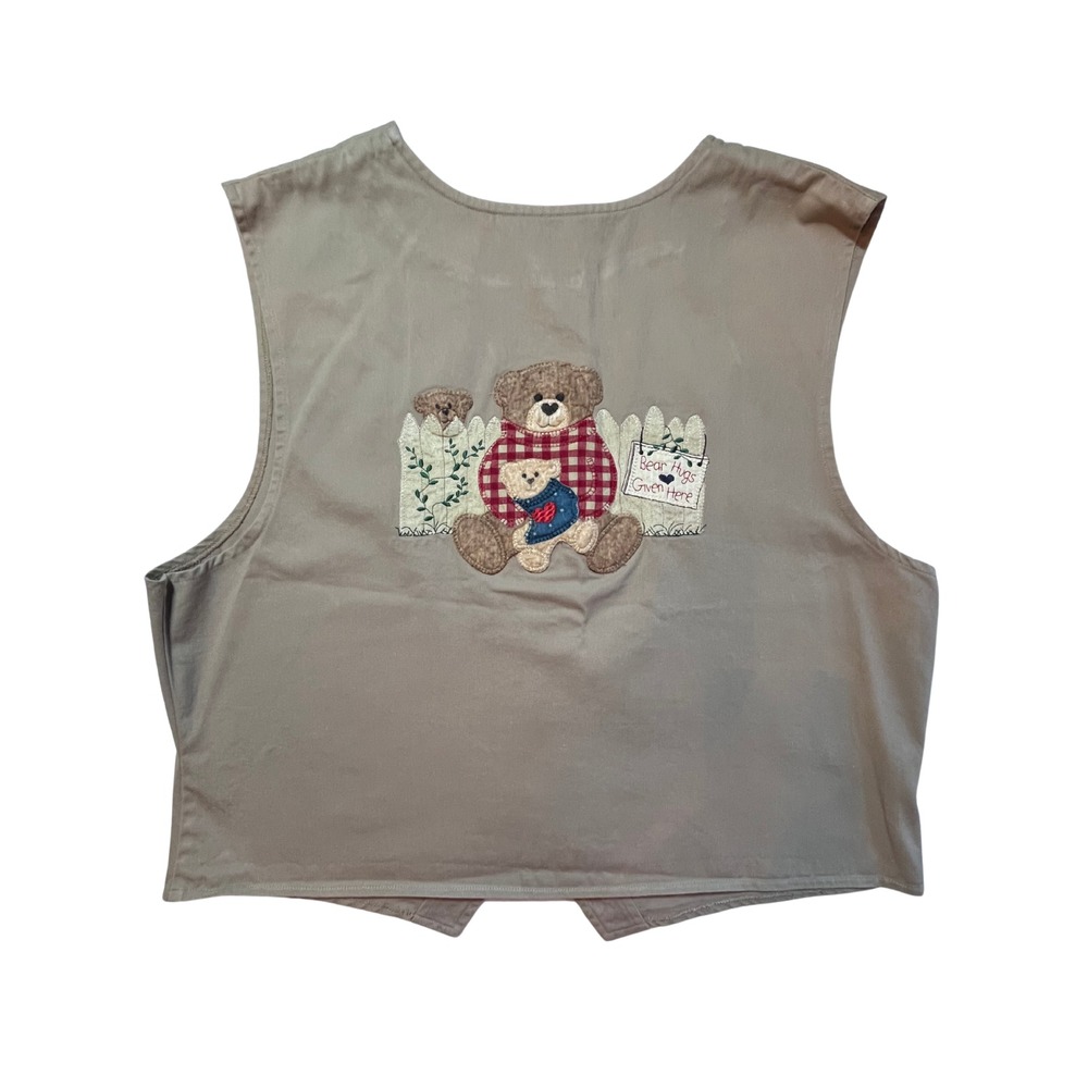 Vintage 90s Teddy Bear Vest Women's XXL Cotton Embroidered Country Granny